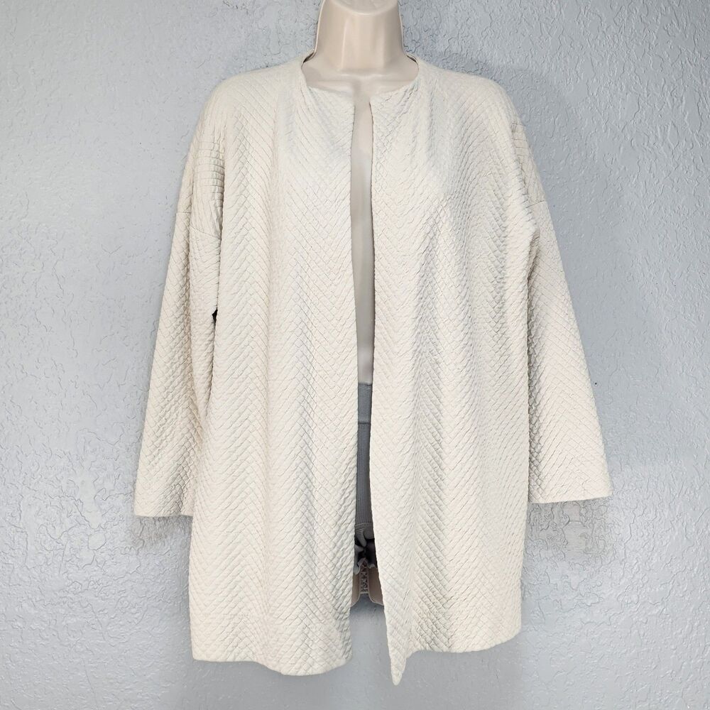 Eileen Fisher Bone Silk Cotton Jacquard Open Front Long Topper coat Size XS